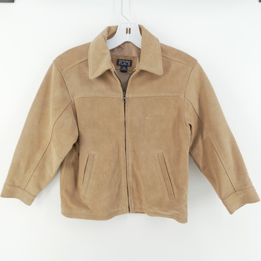 VTG The Childrens Place Suede Jacket Kids 5/6 Tan Genuine Leather Zip Up RN59284